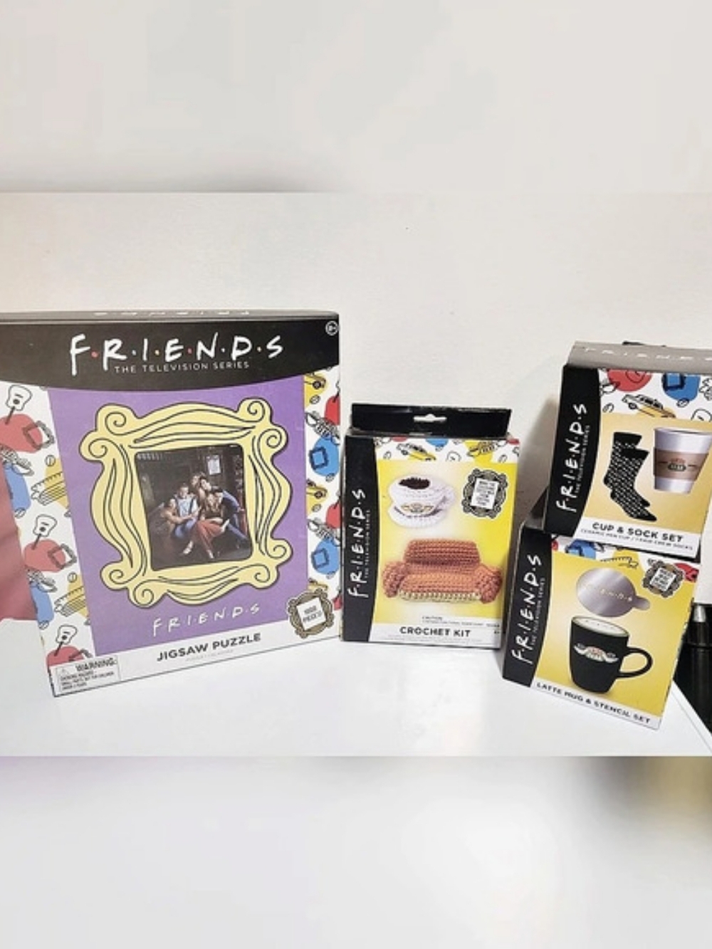 NWT Friends Jigsaw Puzzle, Crochet Kit, Cup & Sock Set, Latte Mug & stencil